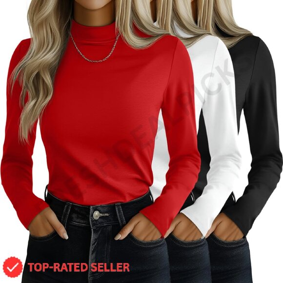 Slim Fit Mock Turtleneck Tops Stretch Long Sleeve Layering Tees Chic